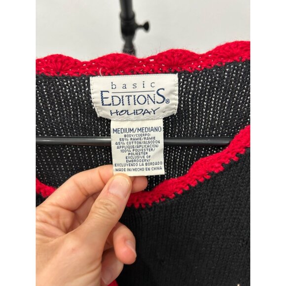 Vintage Basic Editions Holiday Sweater Black Red Trim Sz M Winter Design - Picture 5 of 8